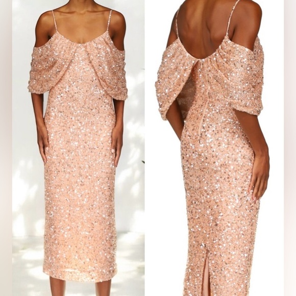 Badgley Mischka Off-the-Shoulder Sequin Dress Peony Pink size 0 gown wedding - Picture 1 of 16
